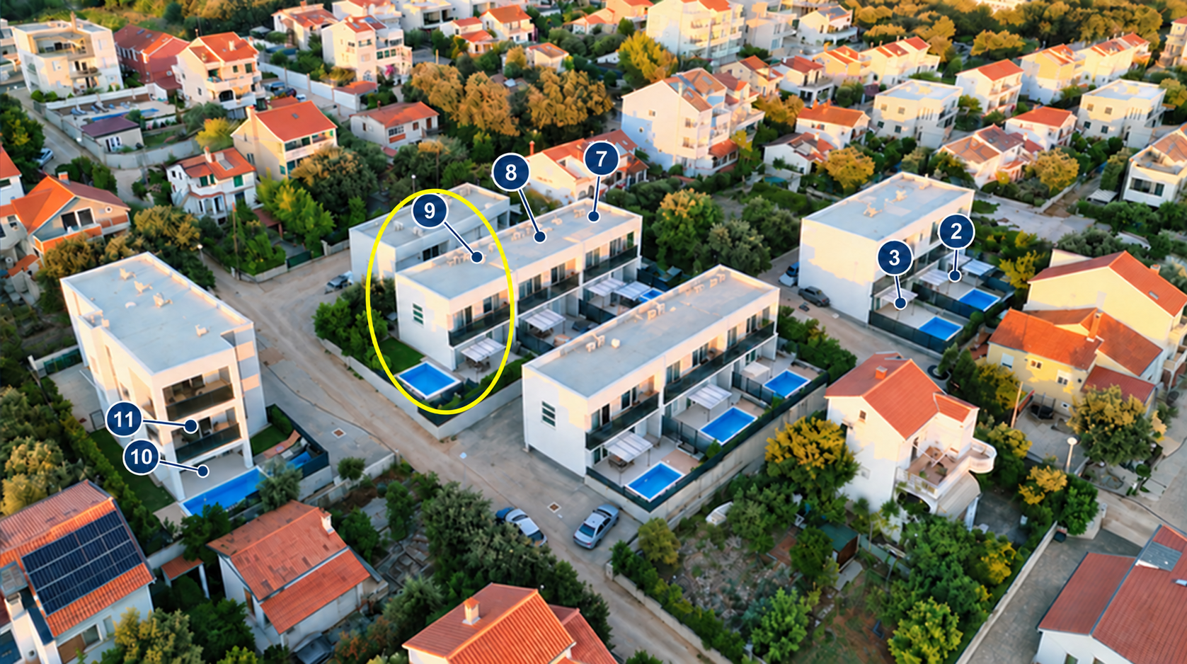 Aerial view with apartment 9 highlighted in yellow and all apartment numbers visible