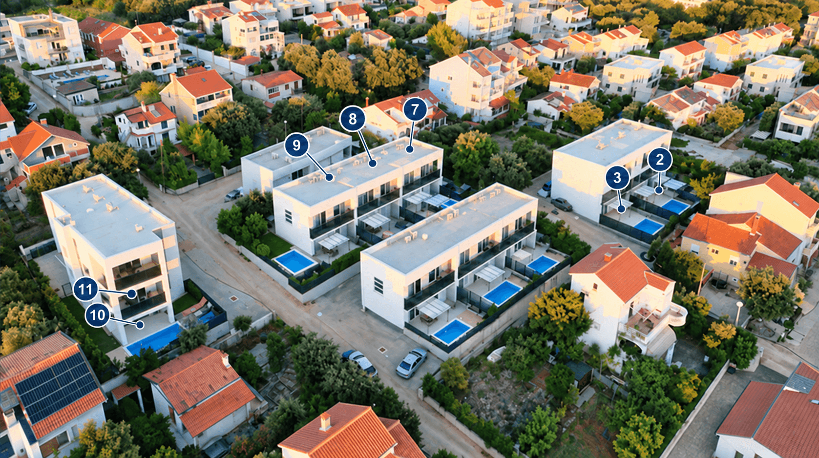 Aerial view showing the locations of apartments 2, 3, 7, 8, 9, 10 and 11