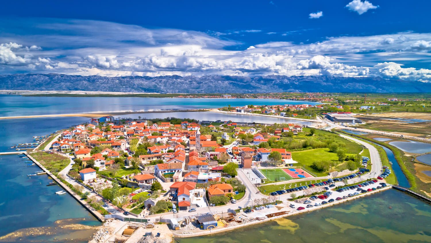 Aerial view of Nin Old Town, lagoon and Velebit mountains